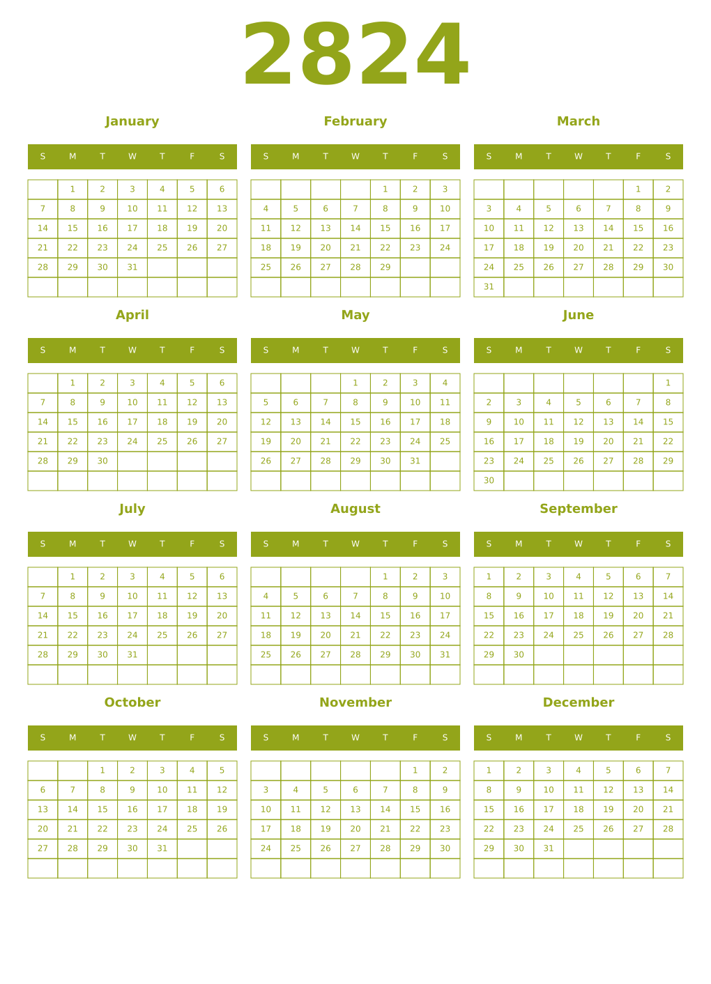 Printable 2824 Year Calendars chartreuse