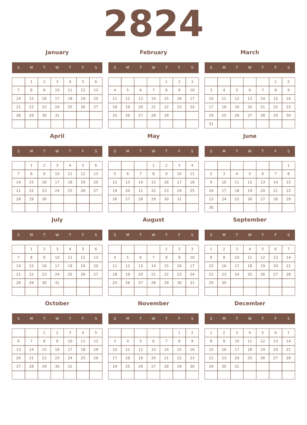 Printable 2824 Year Calendars coffe