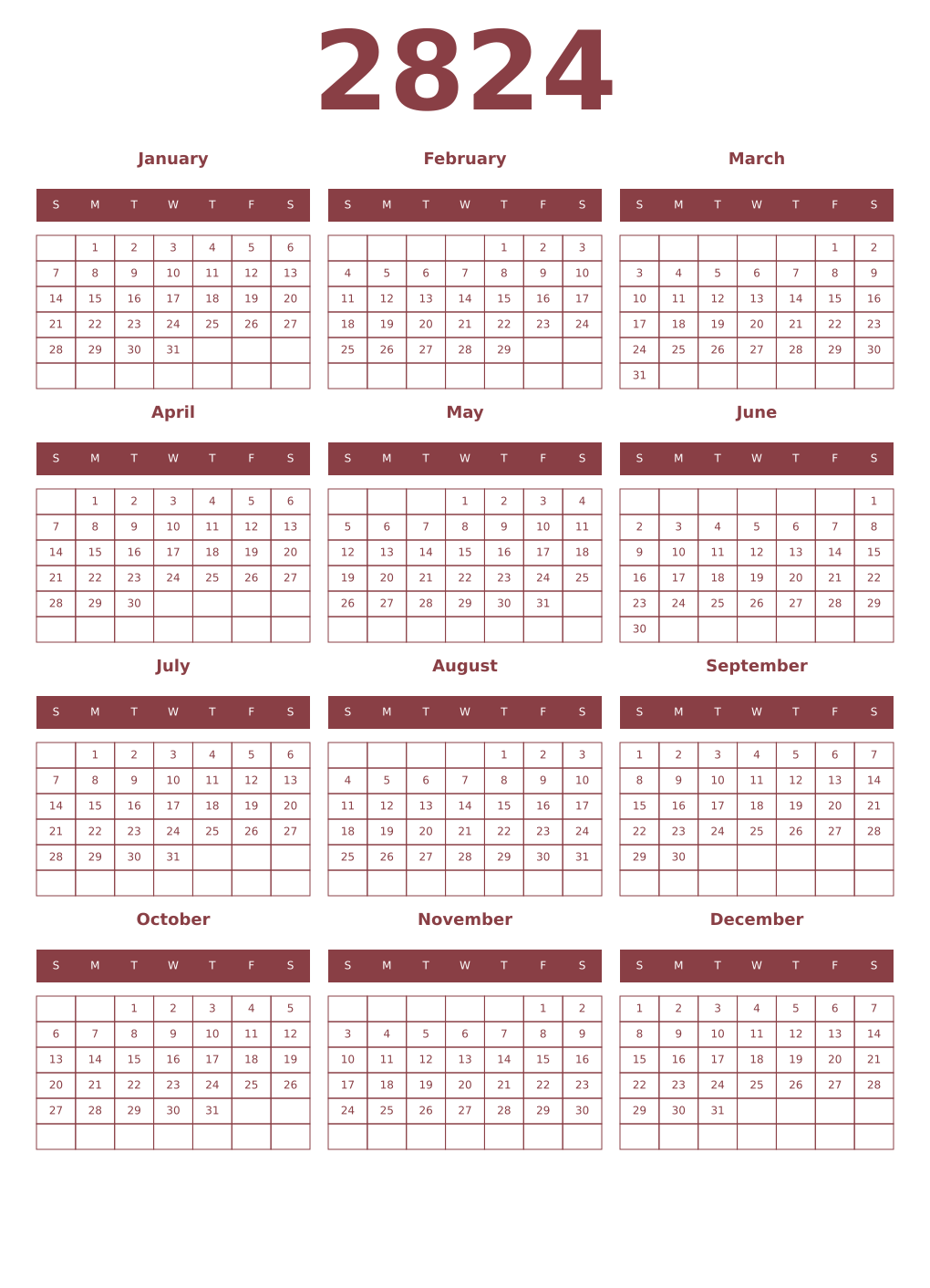 Printable 2824 Year Calendars cordovan