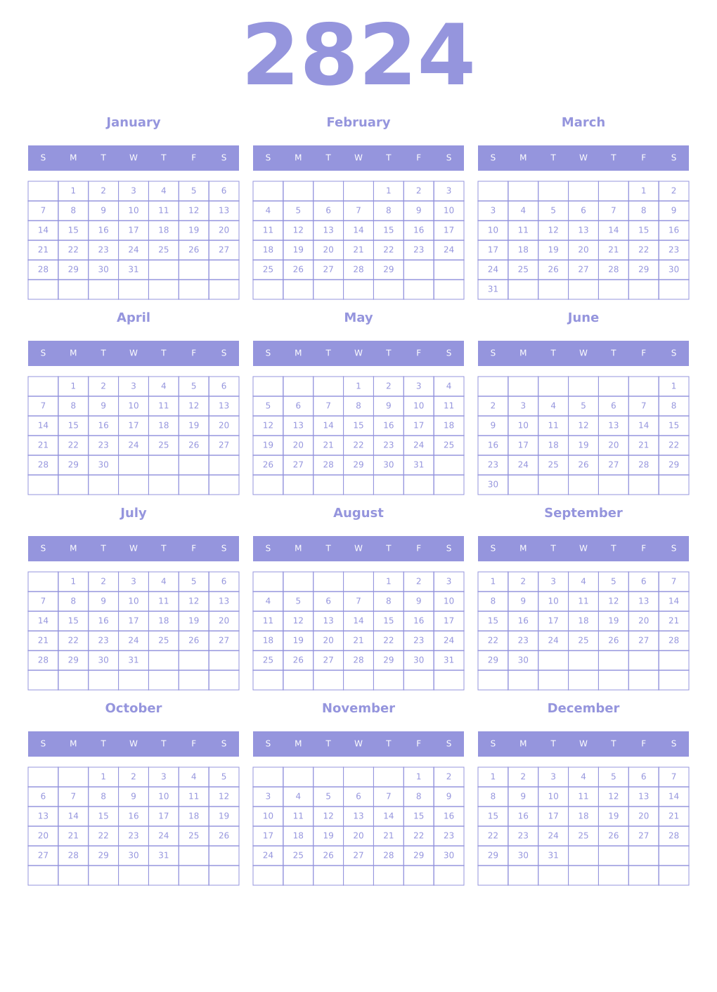 Printable 2824 Year Calendars periwinkle