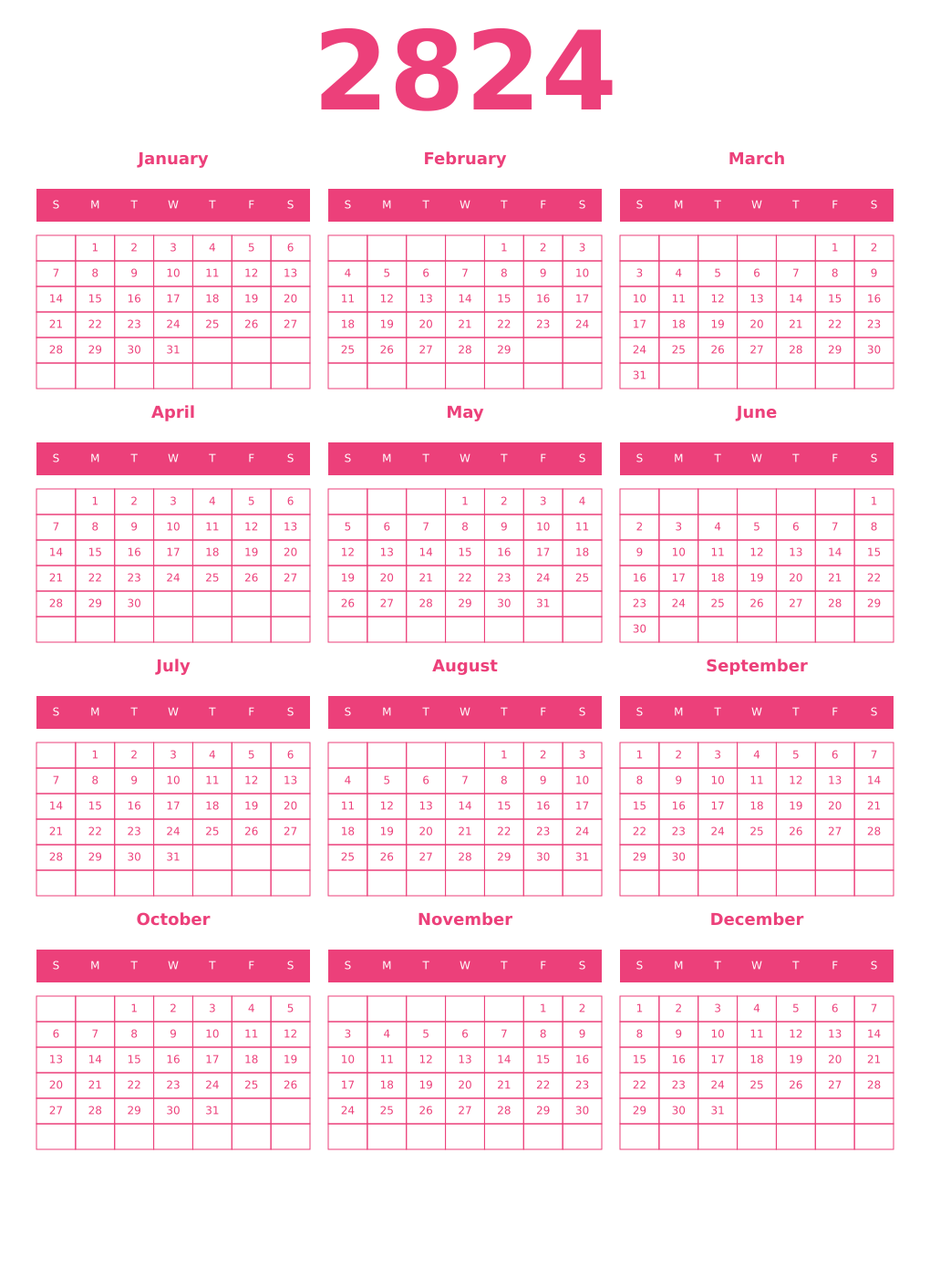 Printable 2824 Year Calendars pink