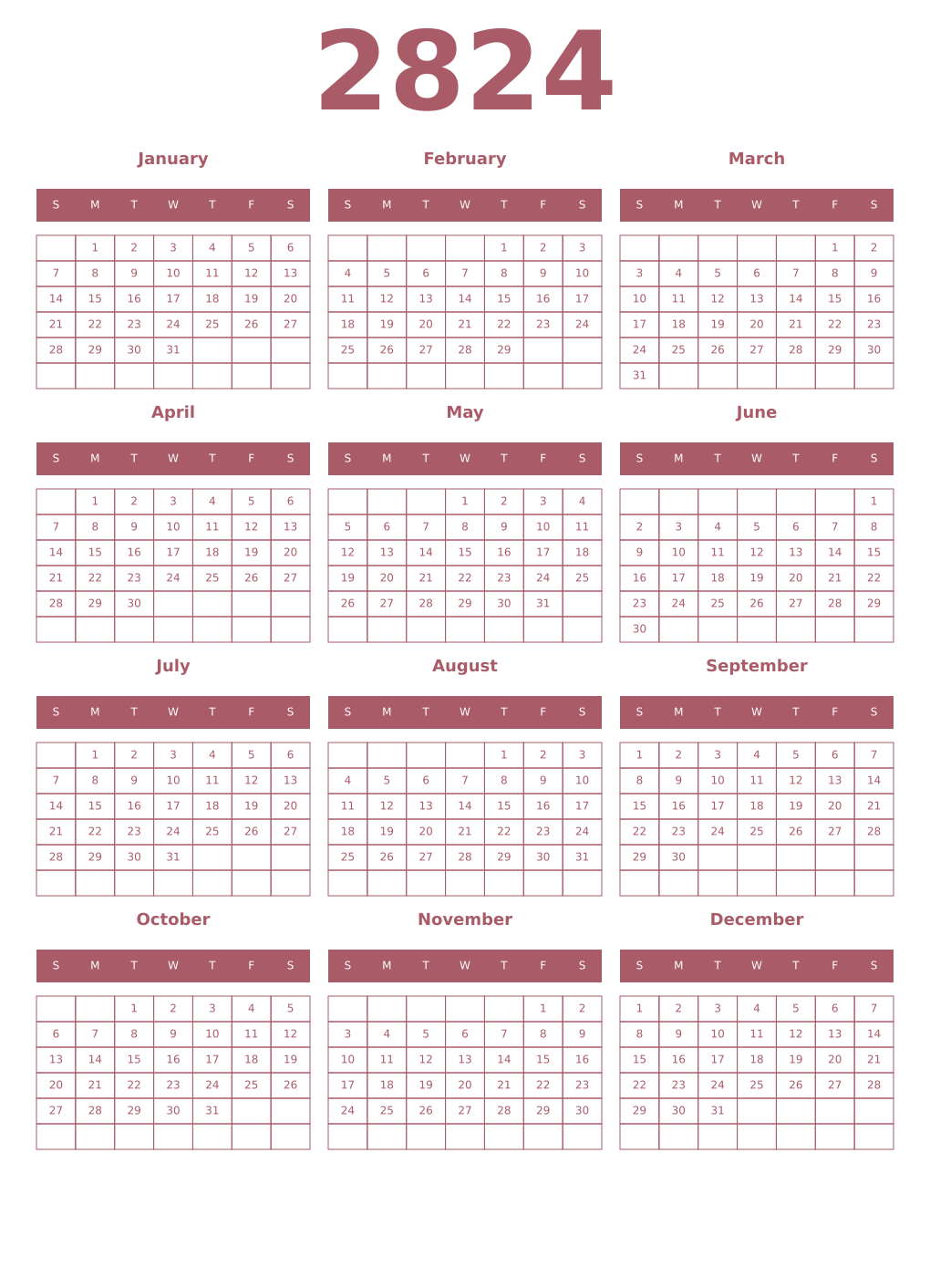 Printable 2824 Year Calendars puce