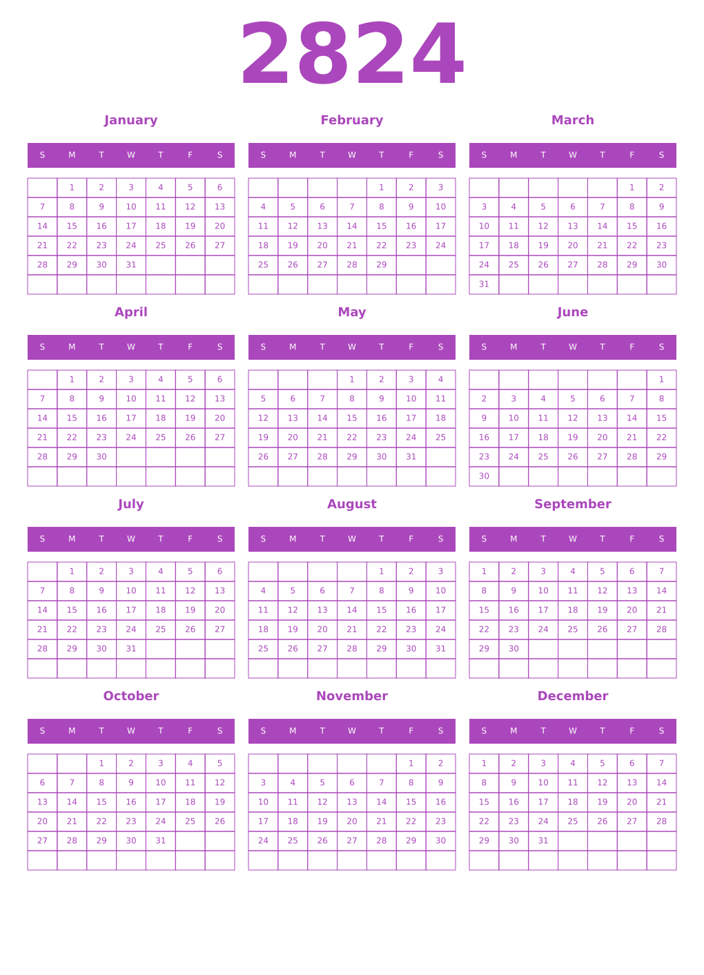 Printable 2824 Year Calendars purple