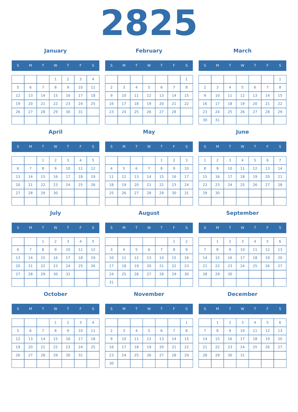 Printable 2825 Year Calendars blue