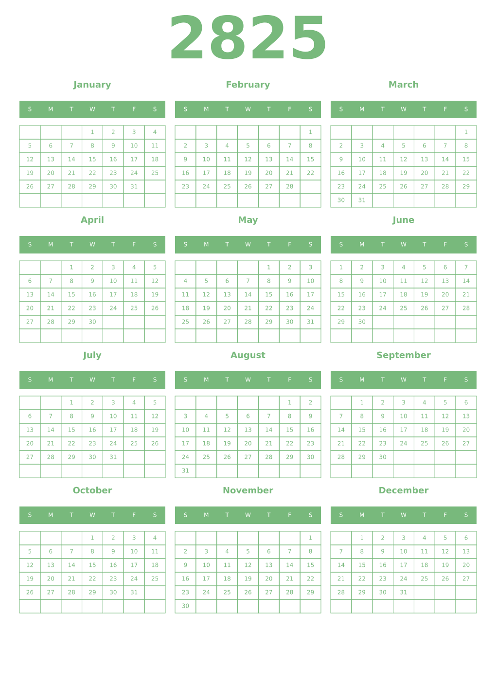 Printable 2825 Year Calendars celadon