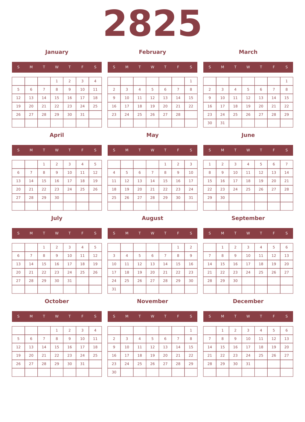 Printable 2825 Year Calendars cordovan