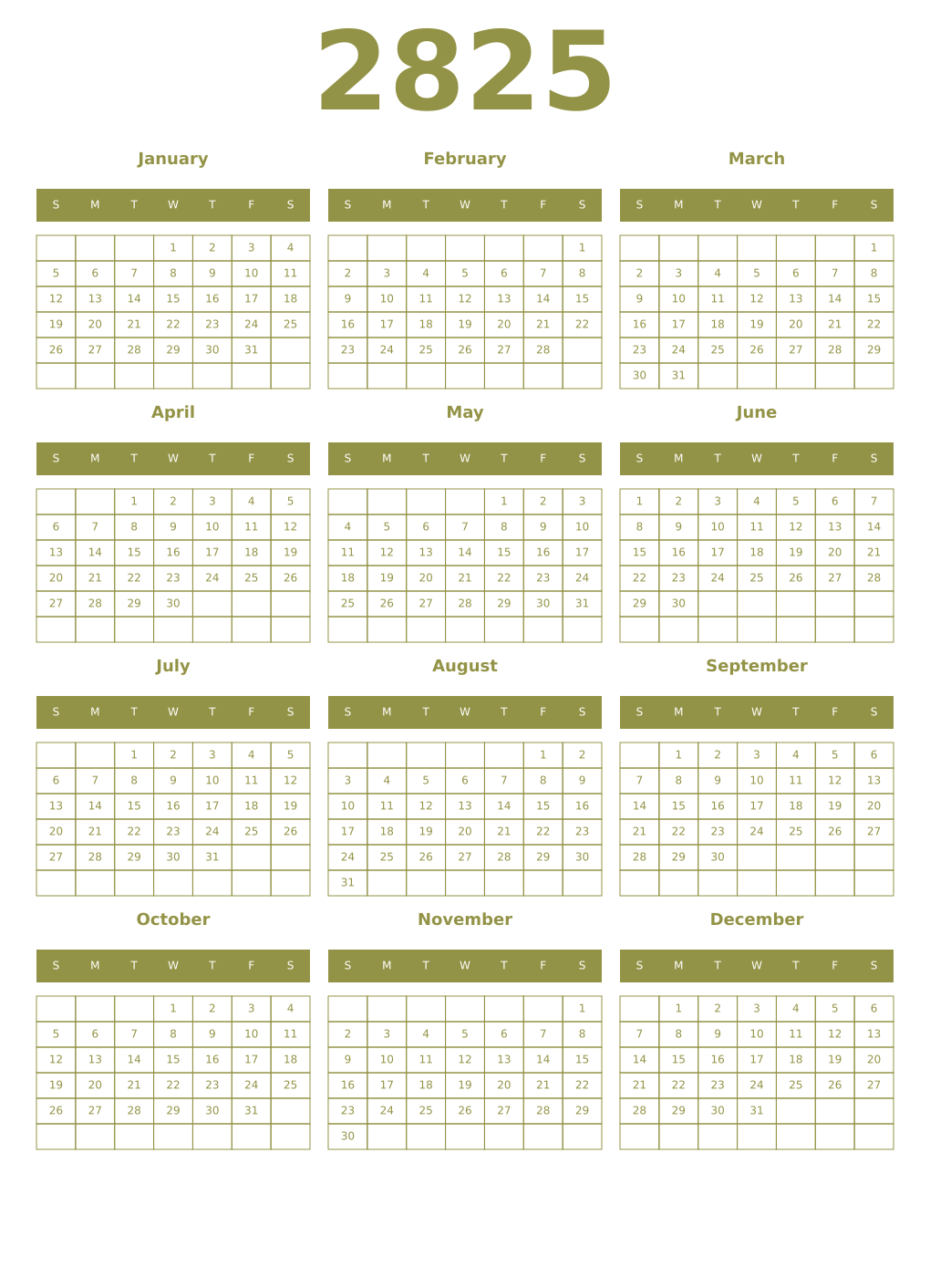 Printable 2825 Year Calendars eburnean