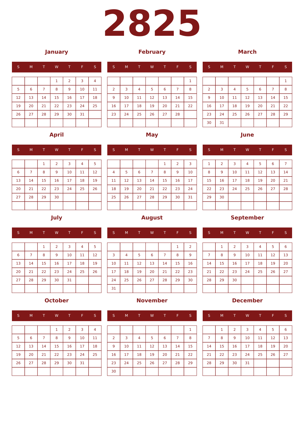 Printable 2825 Year Calendars falu