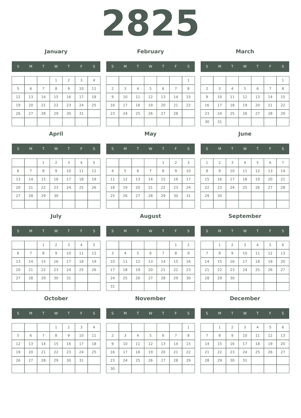 Printable 2825 Year Calendars feldgrau