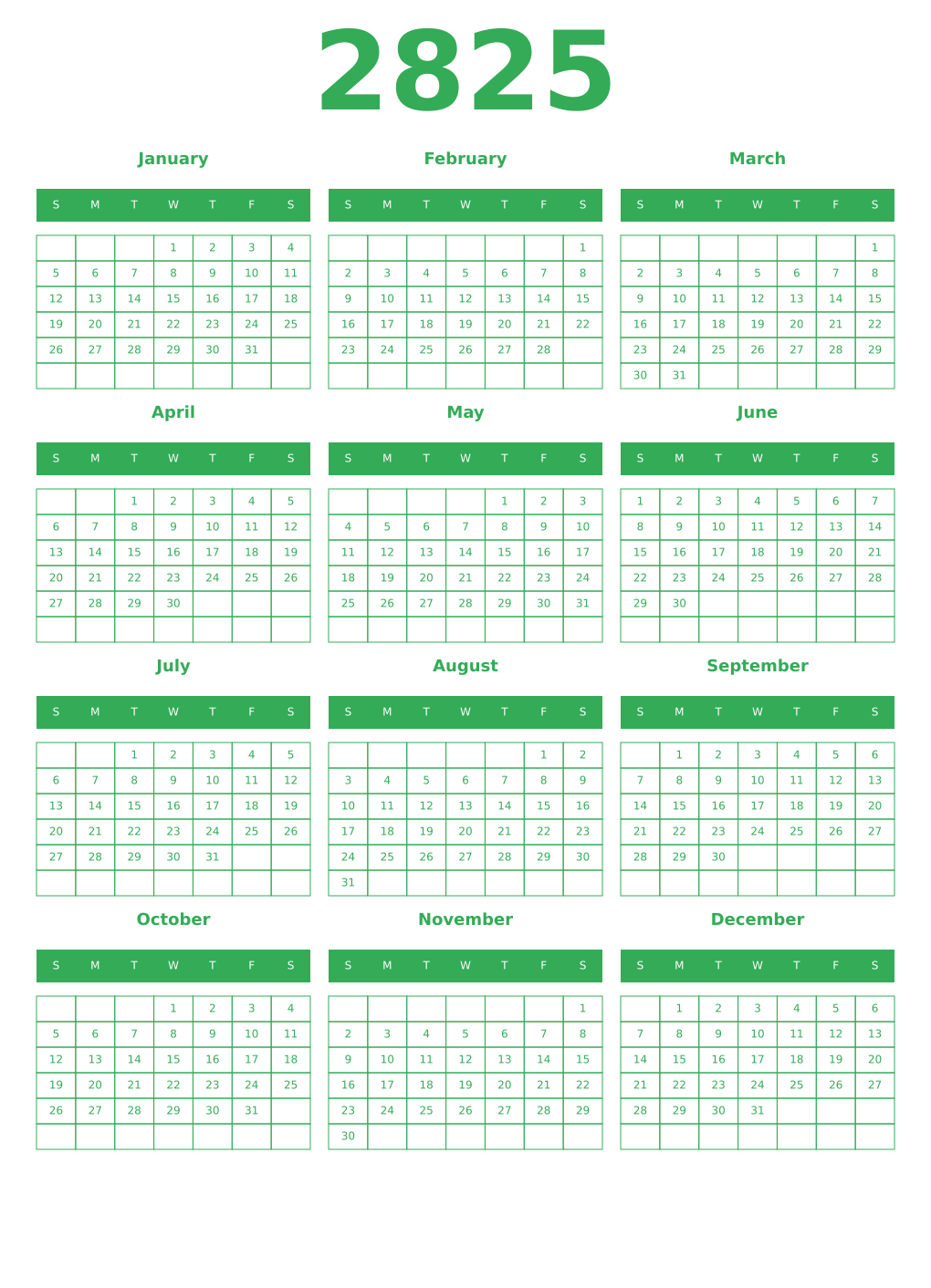 Printable 2825 Year Calendars green