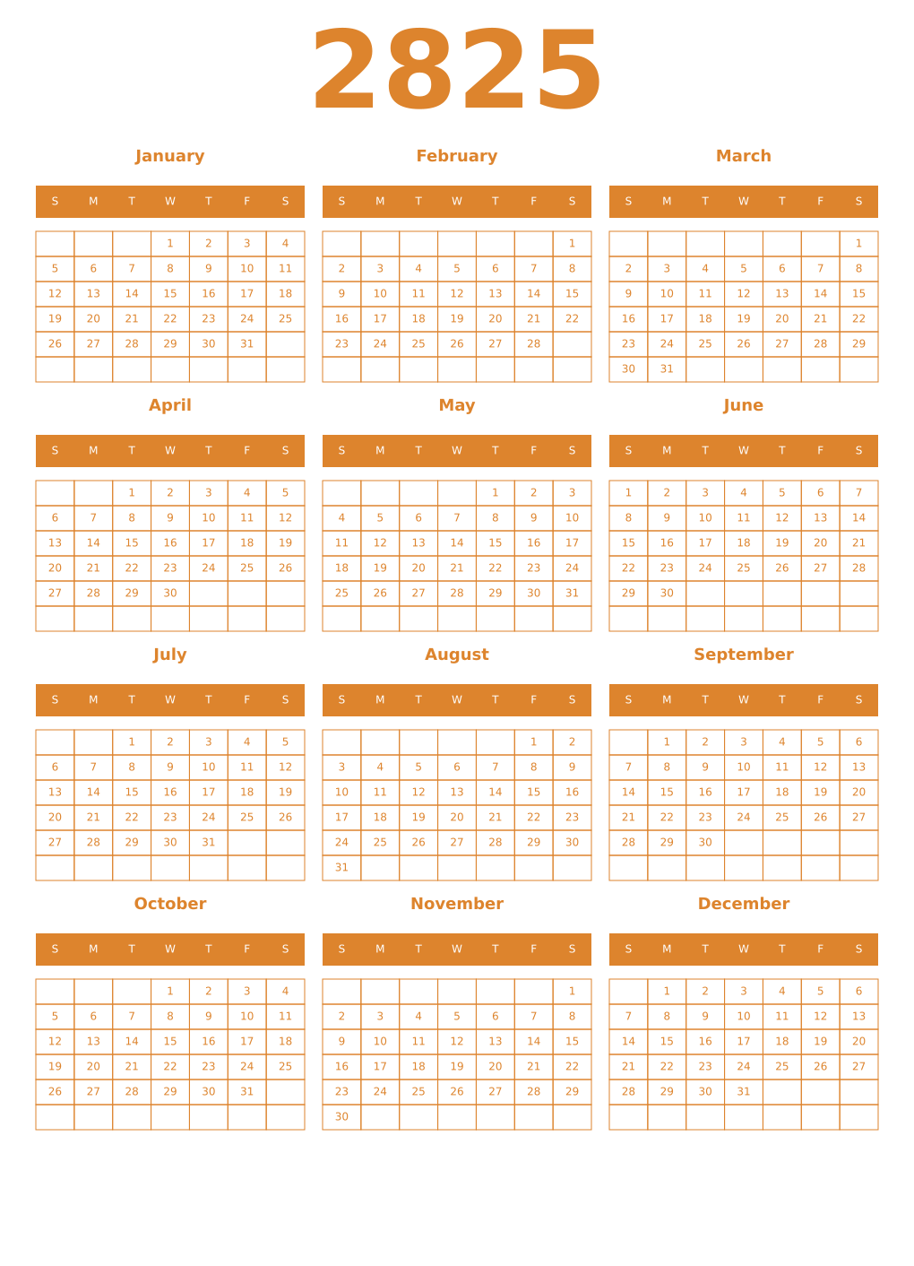 Printable 2825 Year Calendars orange