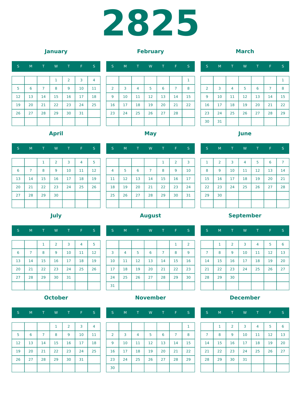 Printable 2825 Year Calendars pastel