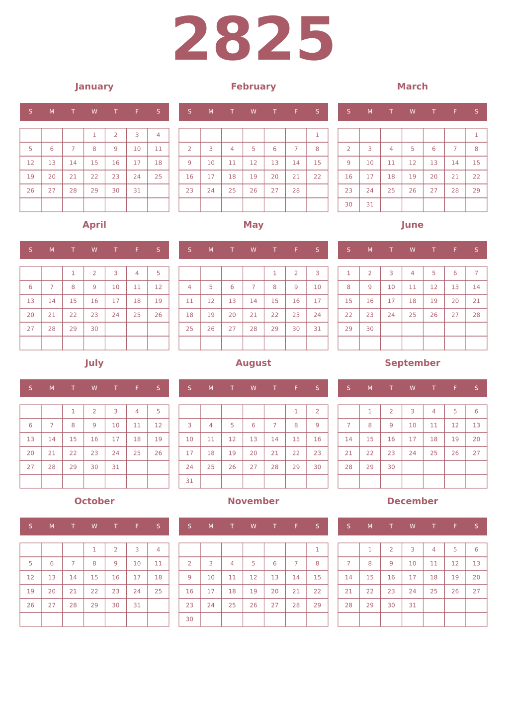 Printable 2825 Year Calendars puce