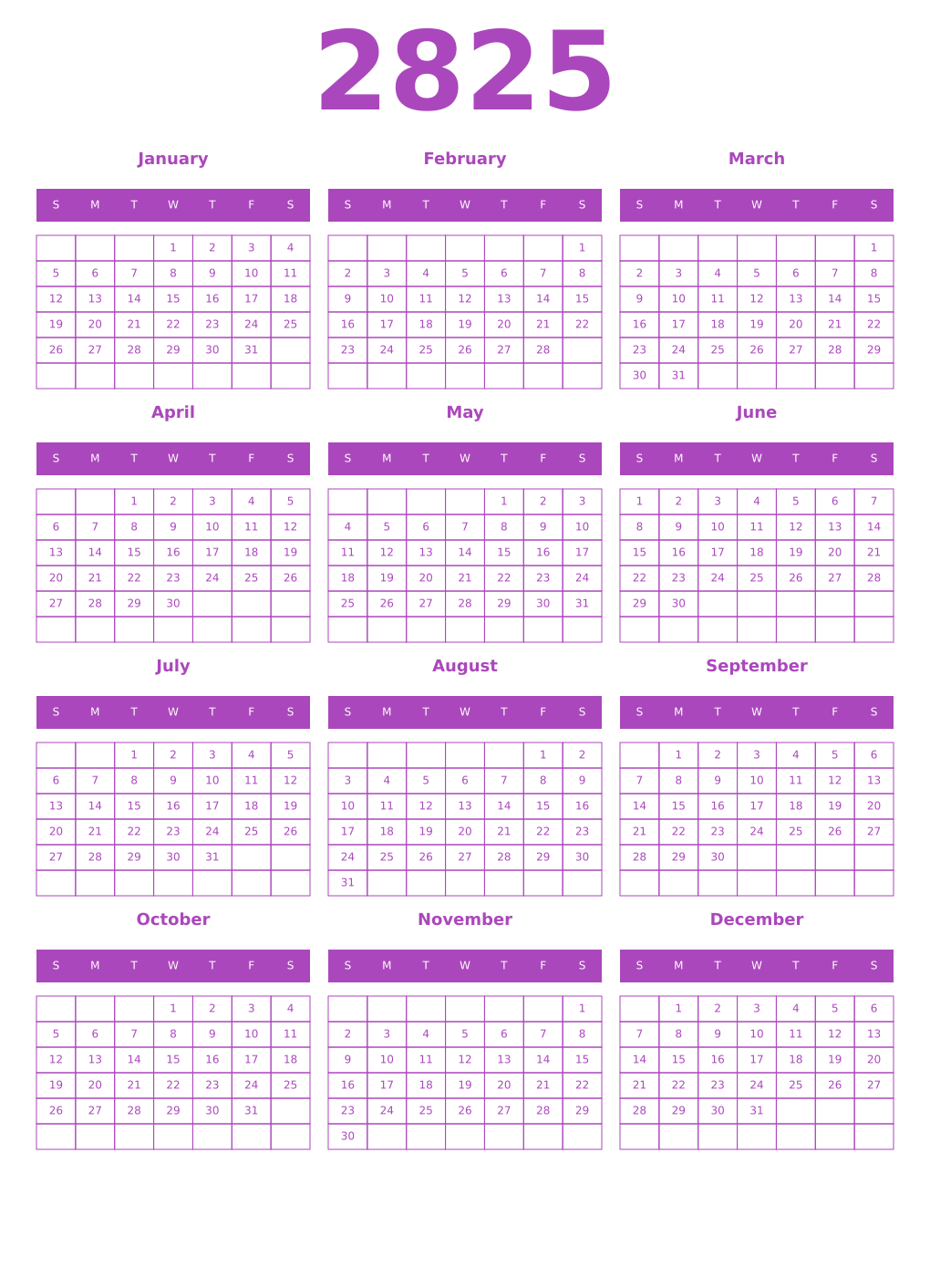 Printable 2825 Year Calendars purple