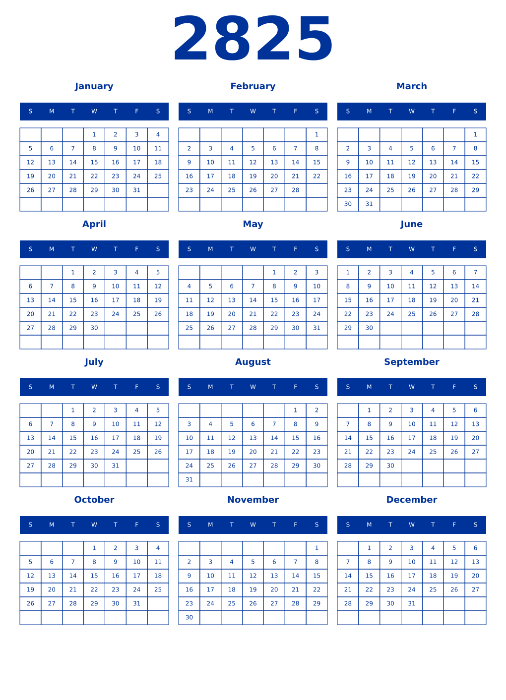 Printable 2825 Year Calendars smalt