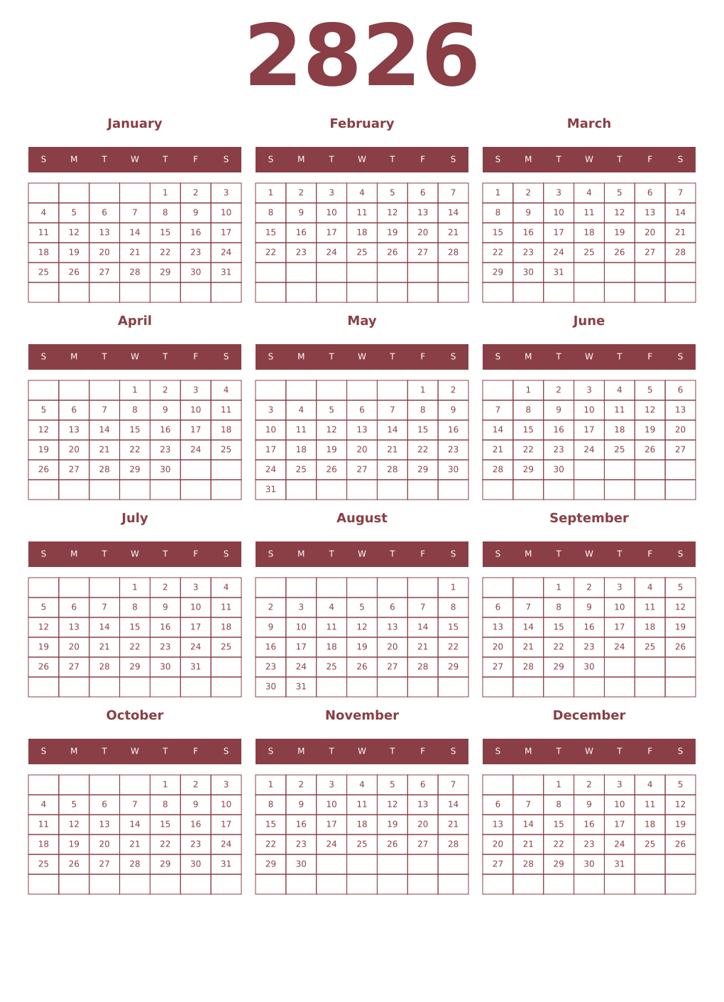 Printable 2826 Year Calendars cordovan