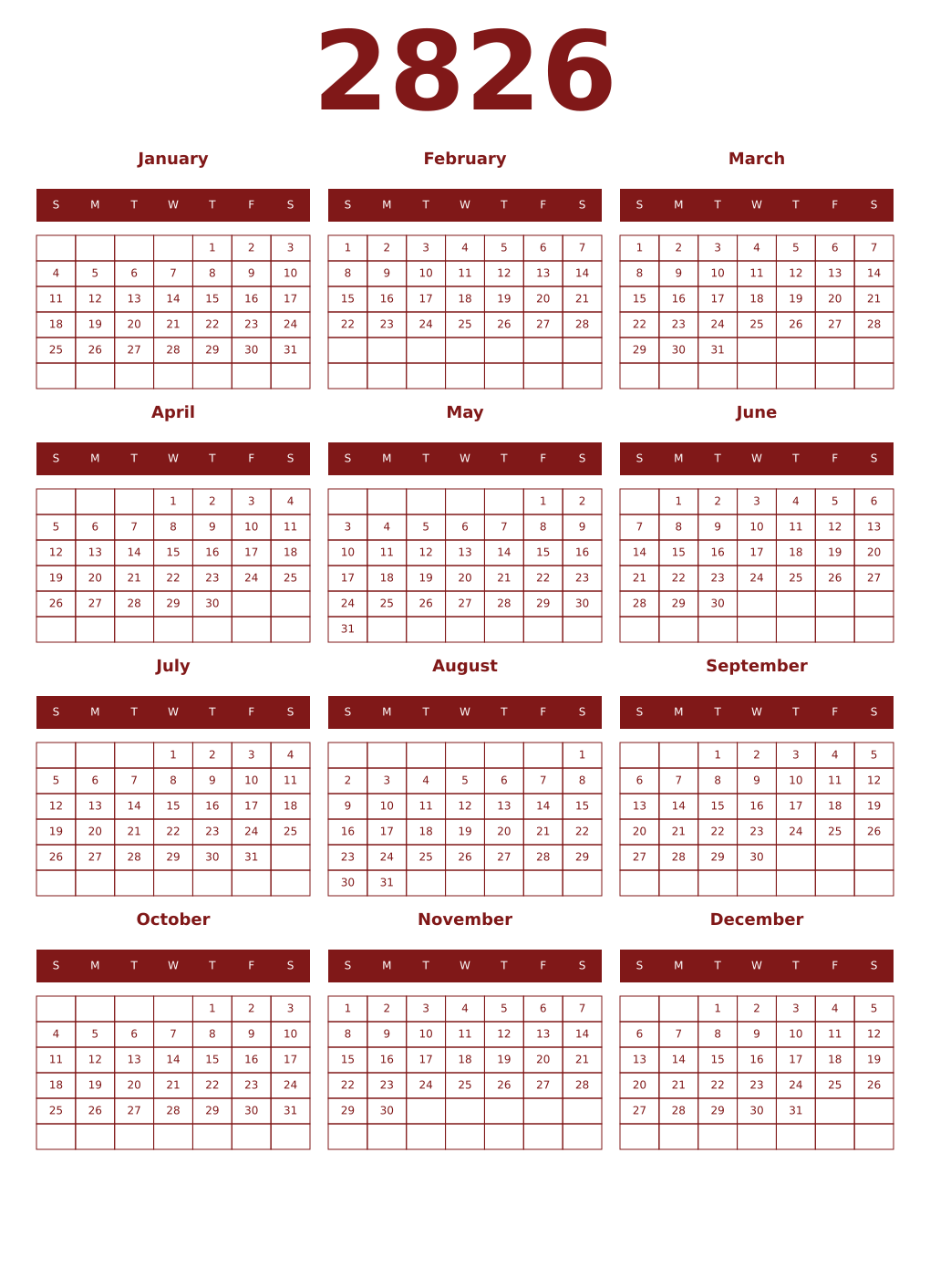 Printable 2826 Year Calendars falu