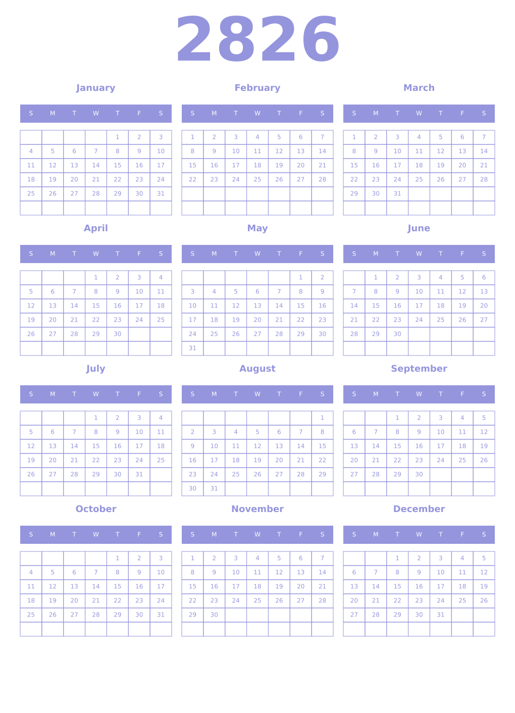 Printable 2826 Year Calendars periwinkle