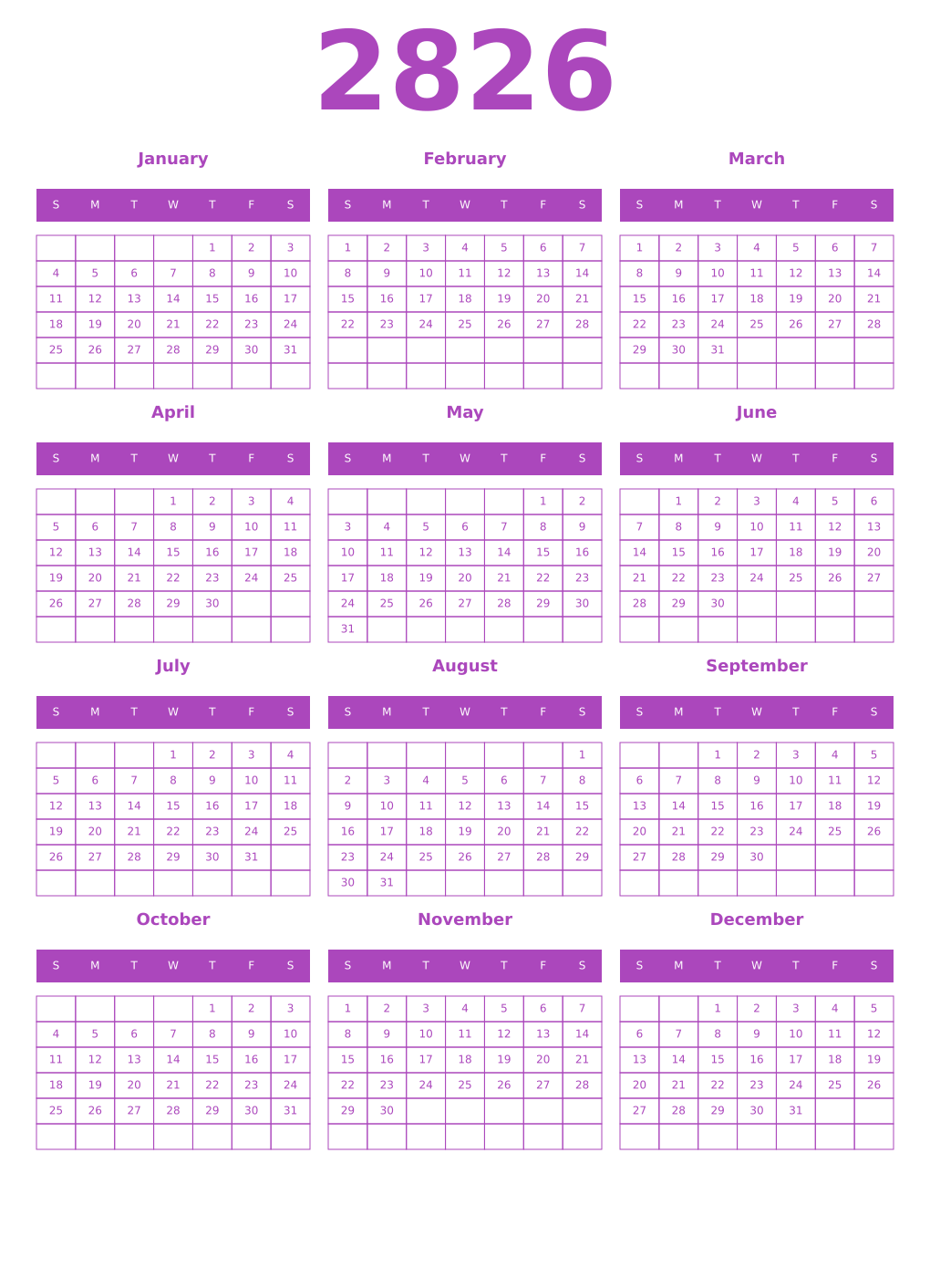 Printable 2826 Year Calendars purple