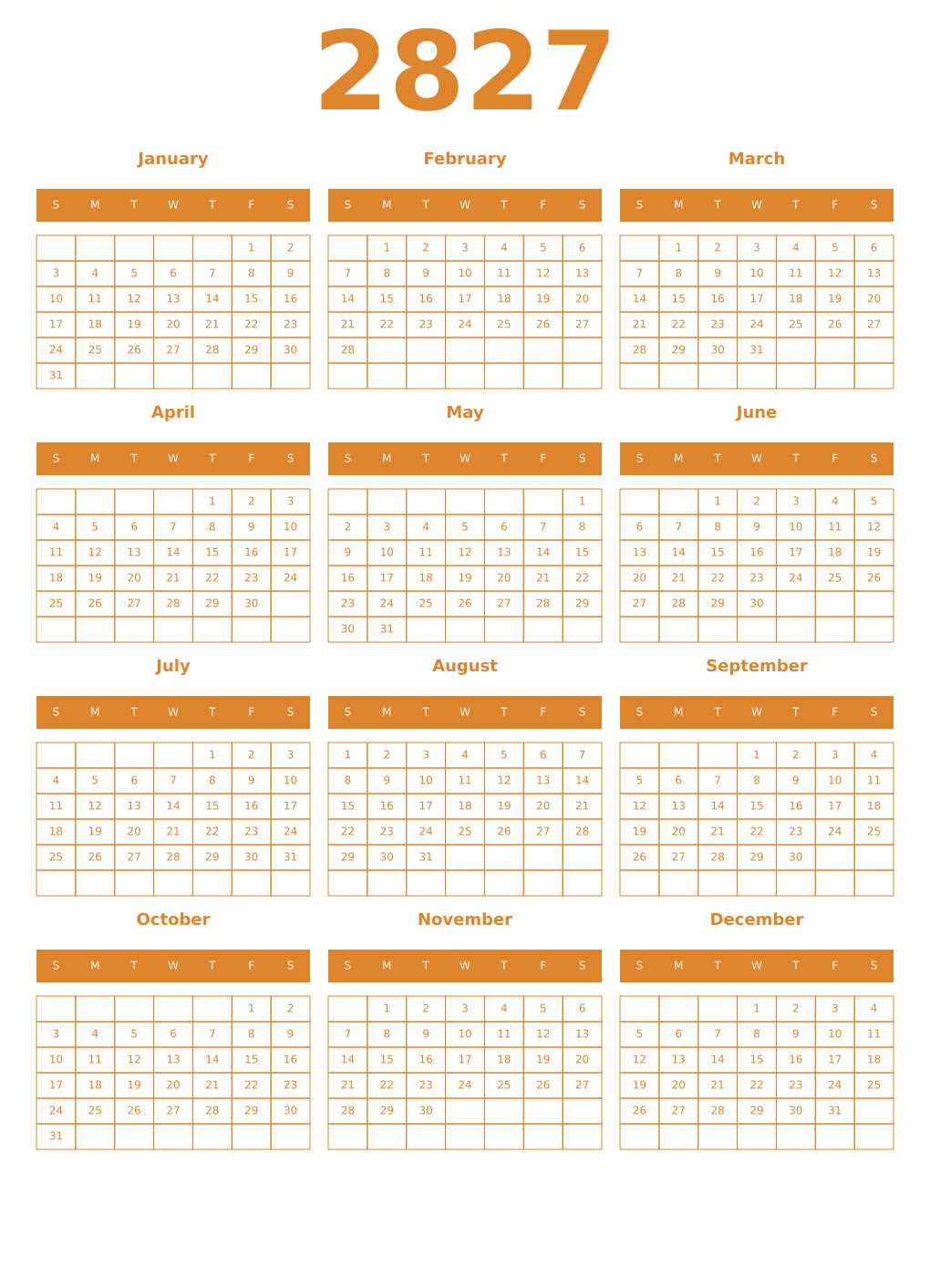 Printable 2827 Year Calendars orange