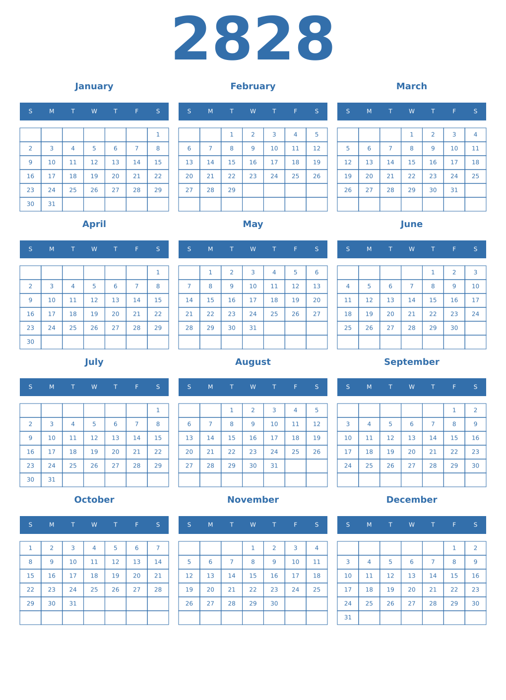 Printable 2828 Year Calendars blue