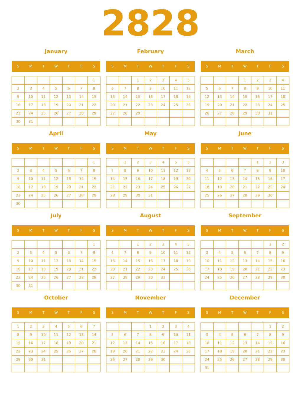 Printable 2828 Year Calendars gamboge