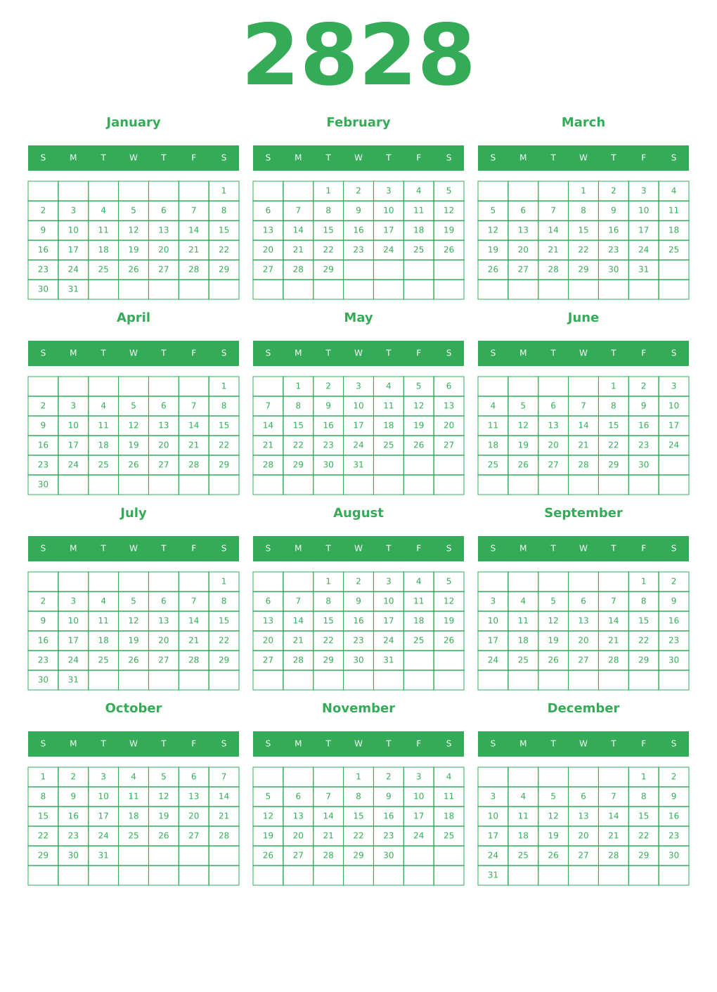Printable 2828 Year Calendars green