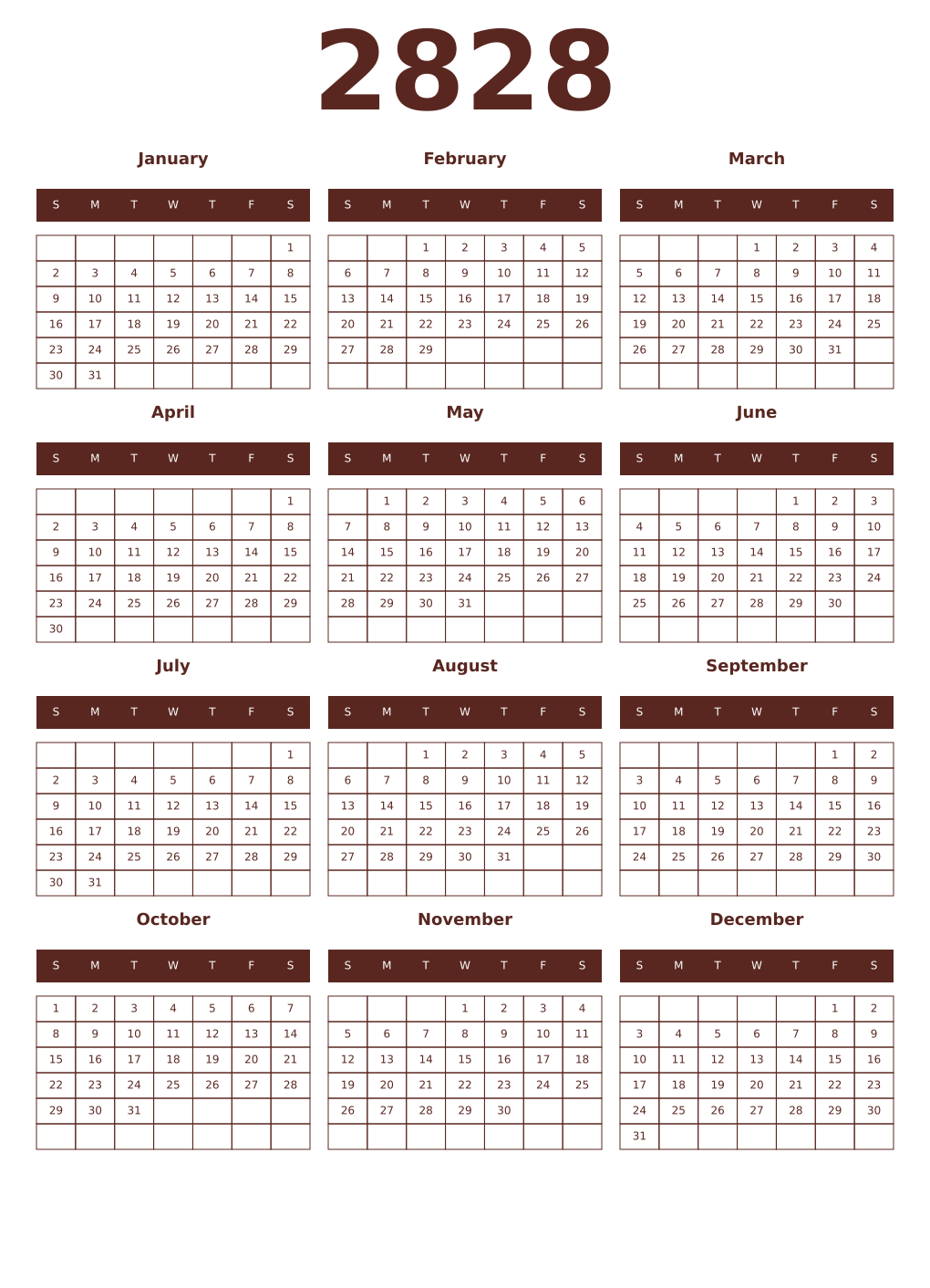Printable 2828 Year Calendars mortuum