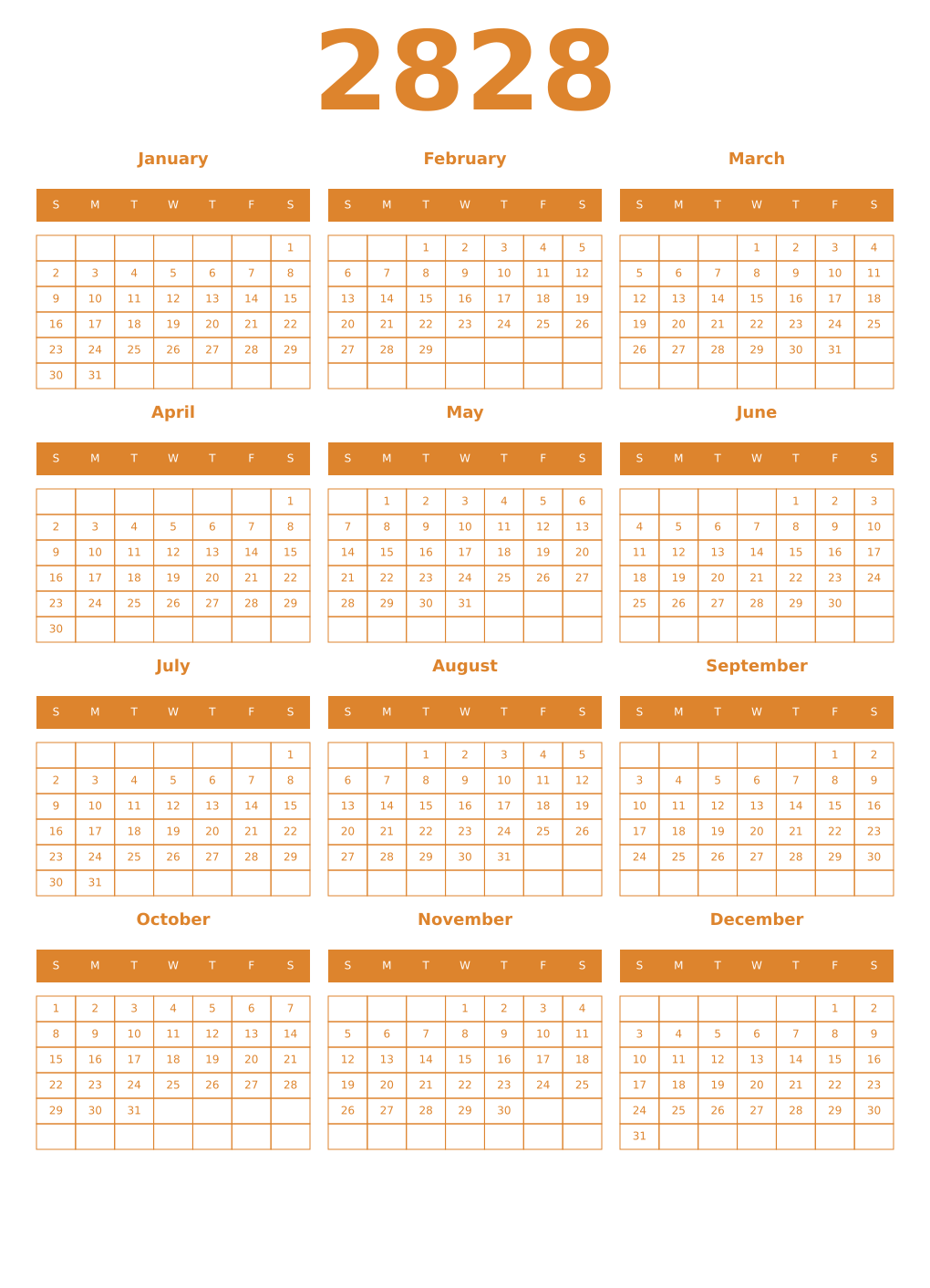 Printable 2828 Year Calendars orange
