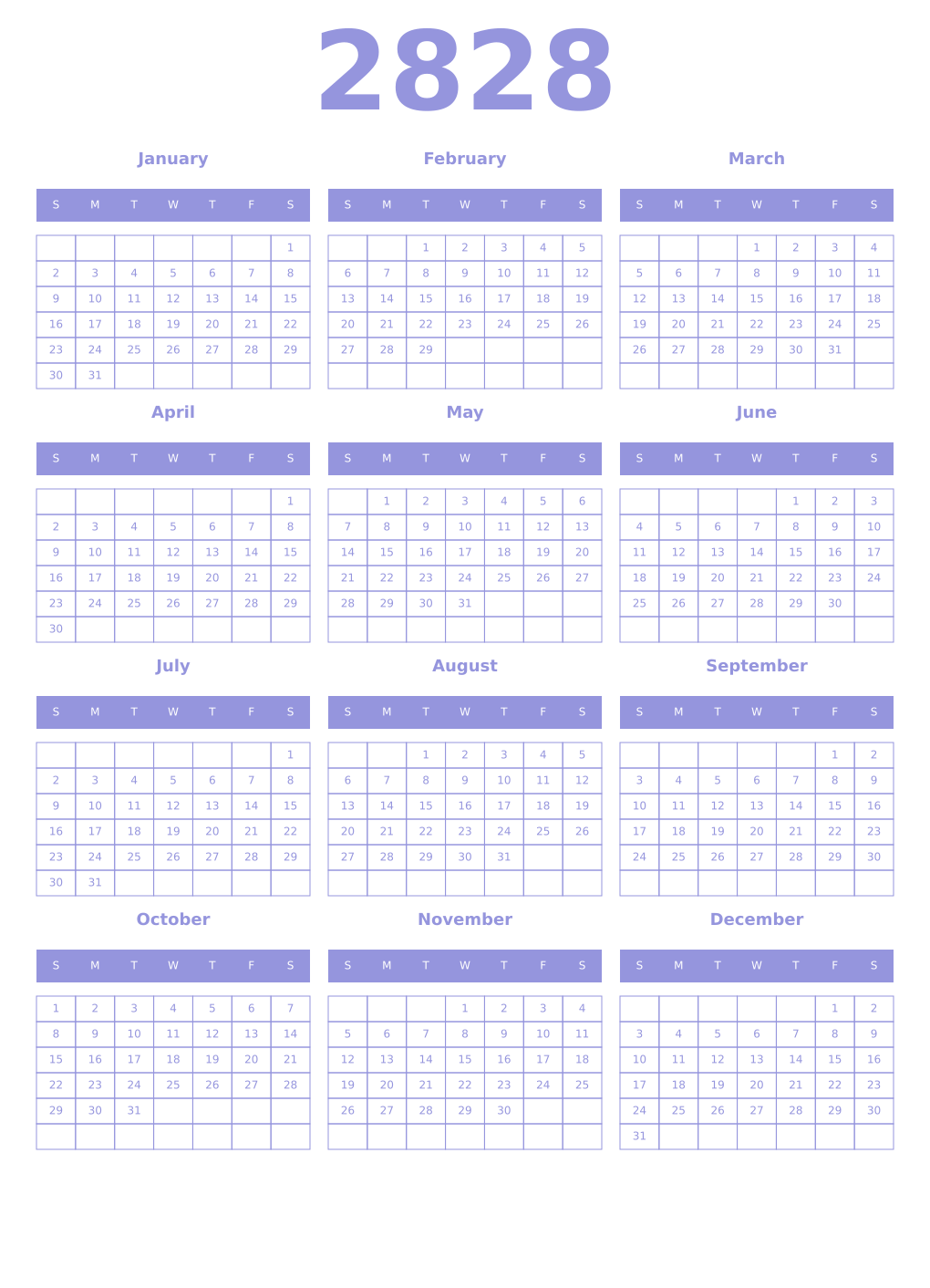 Printable 2828 Year Calendars periwinkle