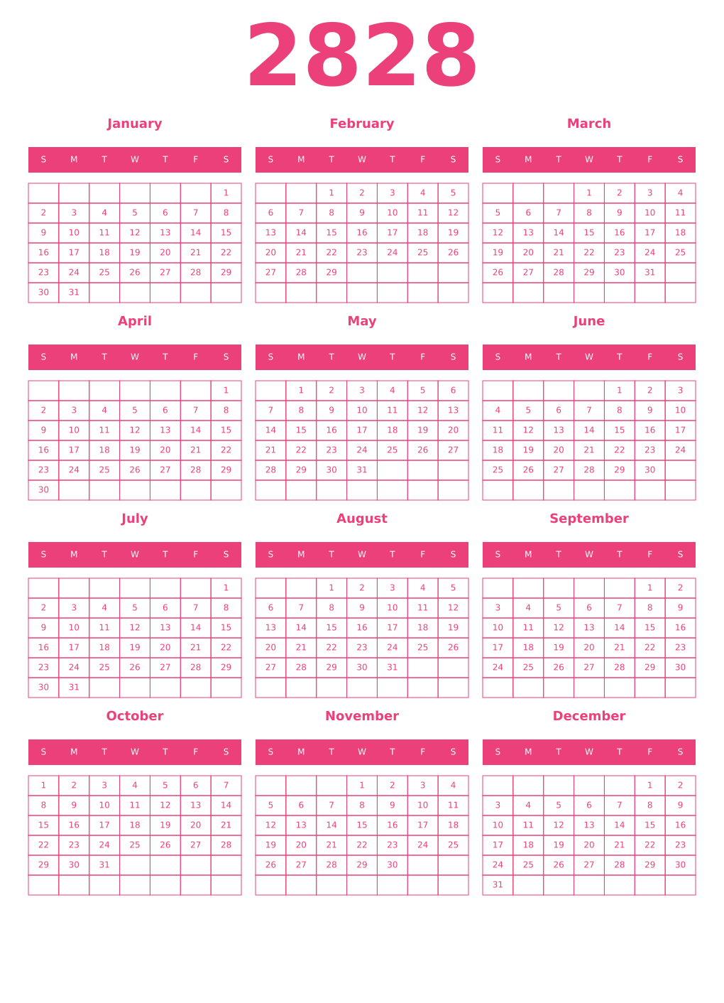 Printable 2828 Year Calendars pink