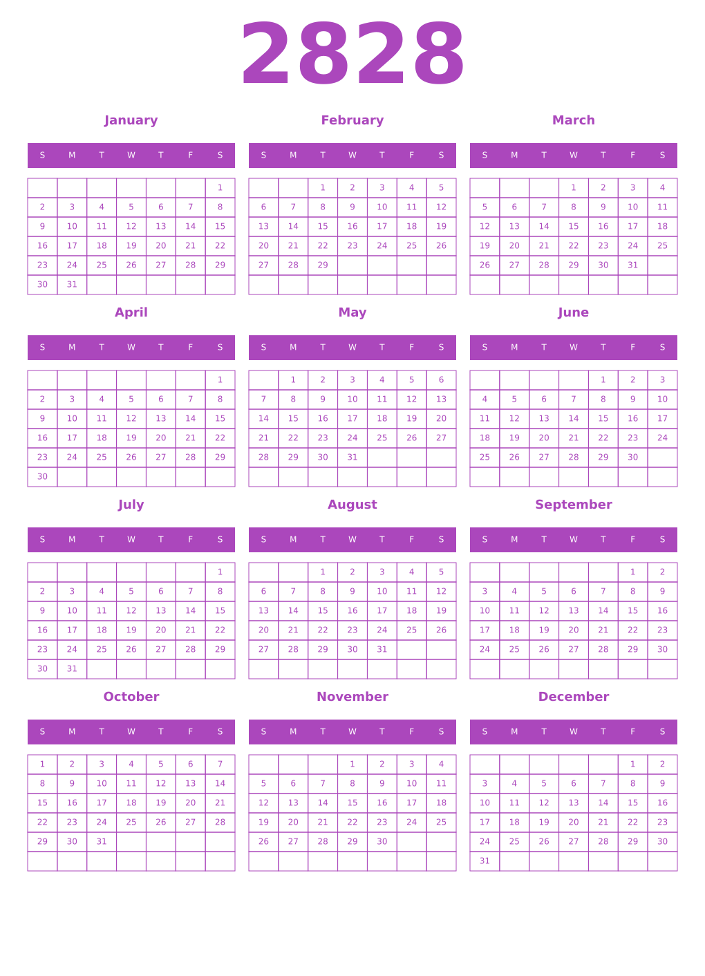 Printable 2828 Year Calendars purple