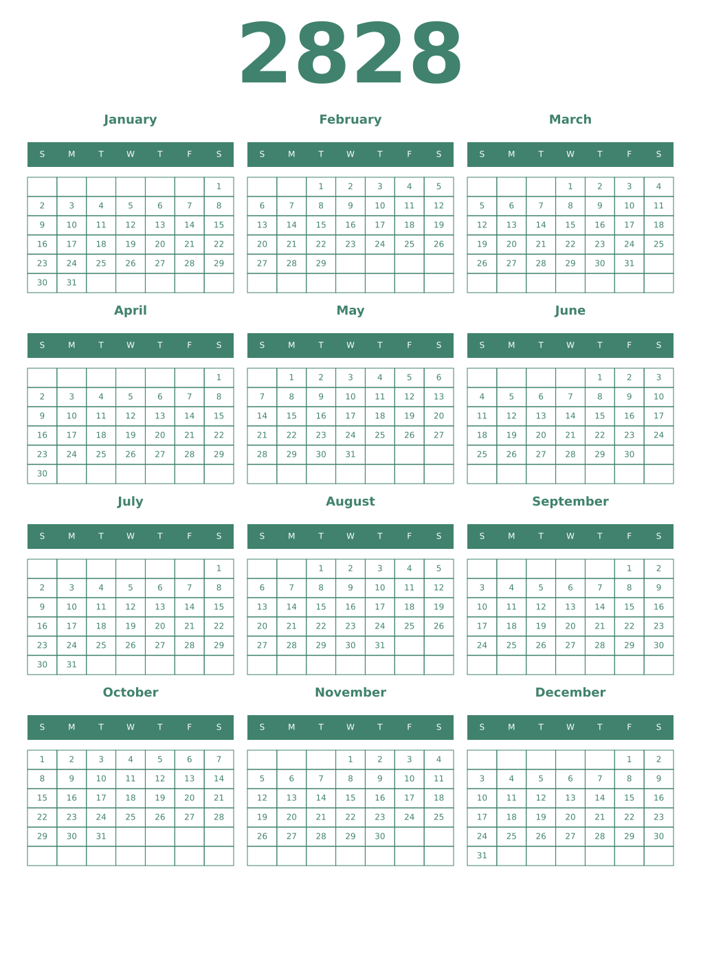 Printable 2828 Year Calendars viridian