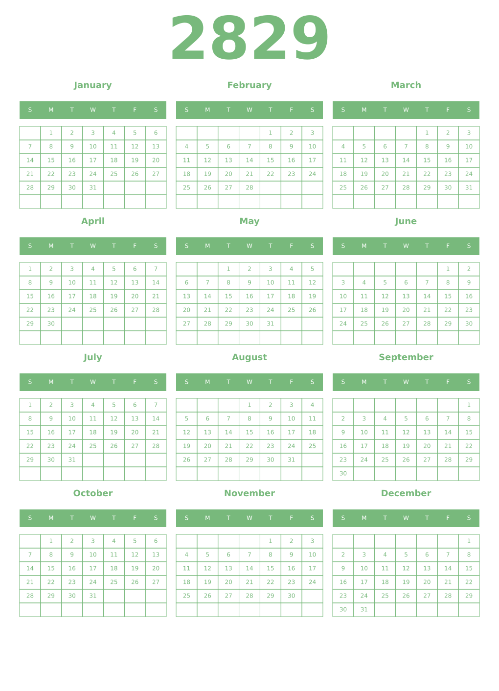 Printable 2829 Year Calendars celadon