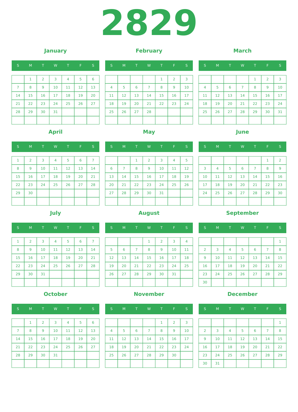 Printable 2829 Year Calendars green