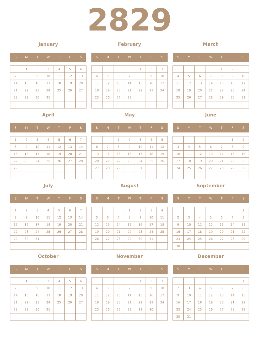 Printable 2829 Year Calendars isabelline