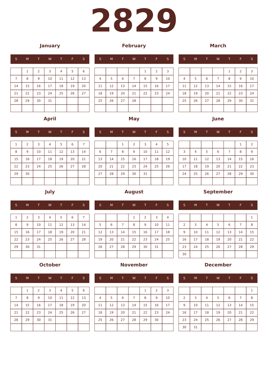Printable 2829 Year Calendars mortuum