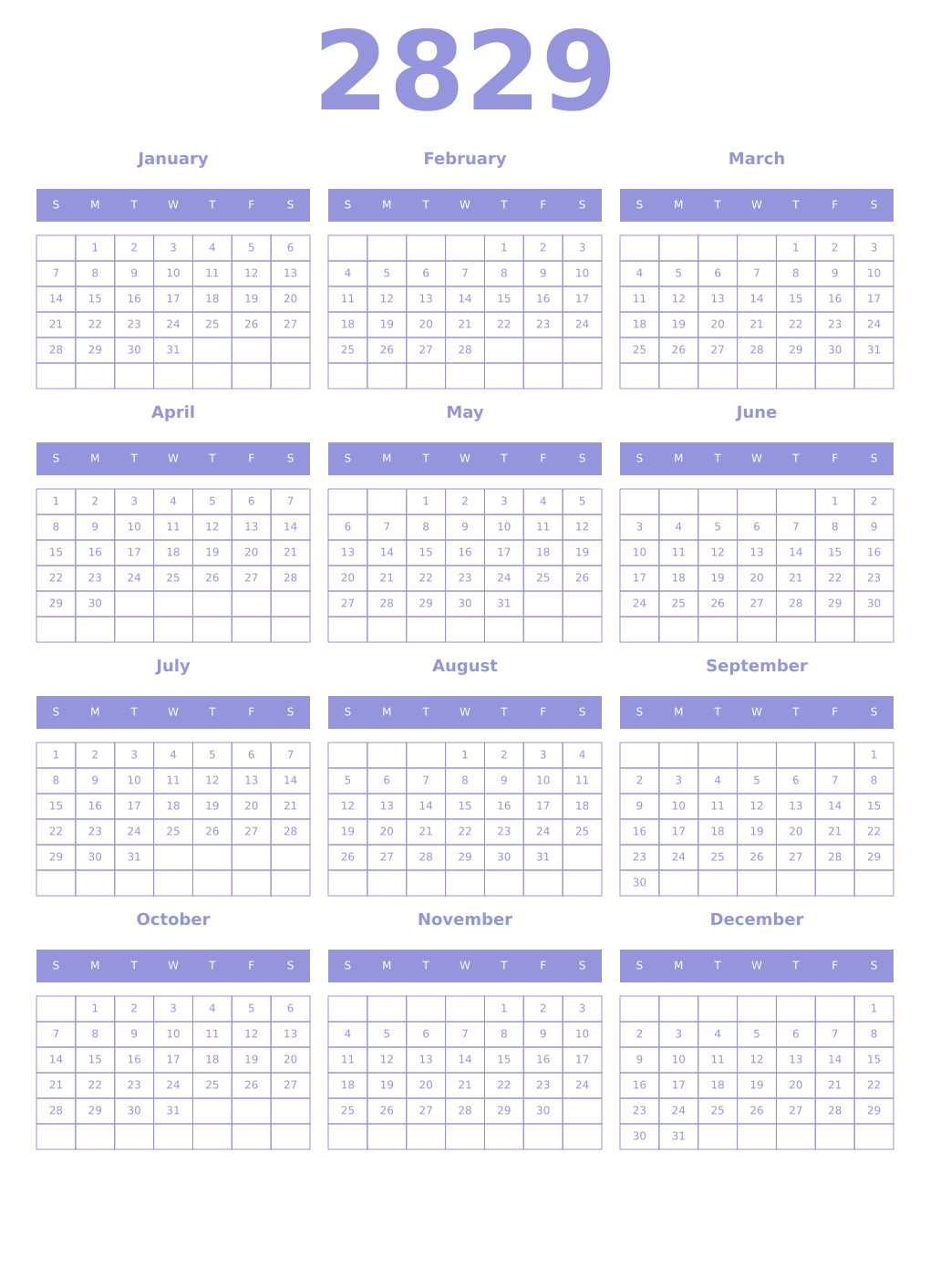 Printable 2829 Year Calendars periwinkle