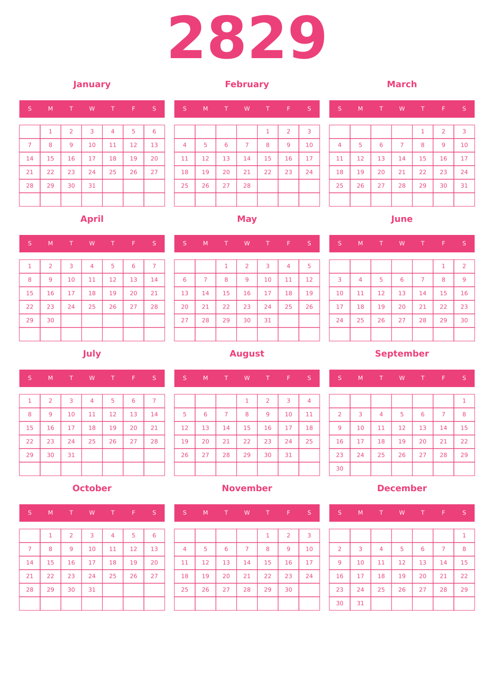 Printable 2829 Year Calendars pink