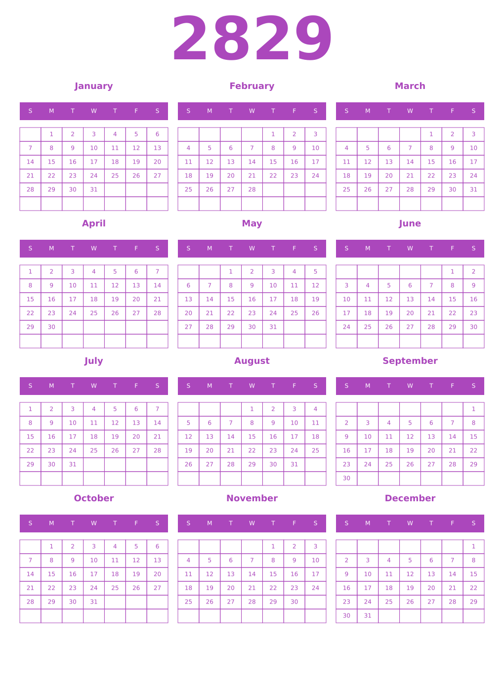 Printable 2829 Year Calendars purple