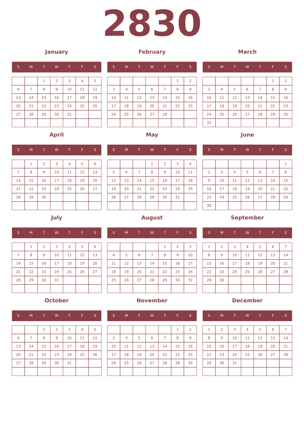 Printable 2830 Year Calendars cordovan