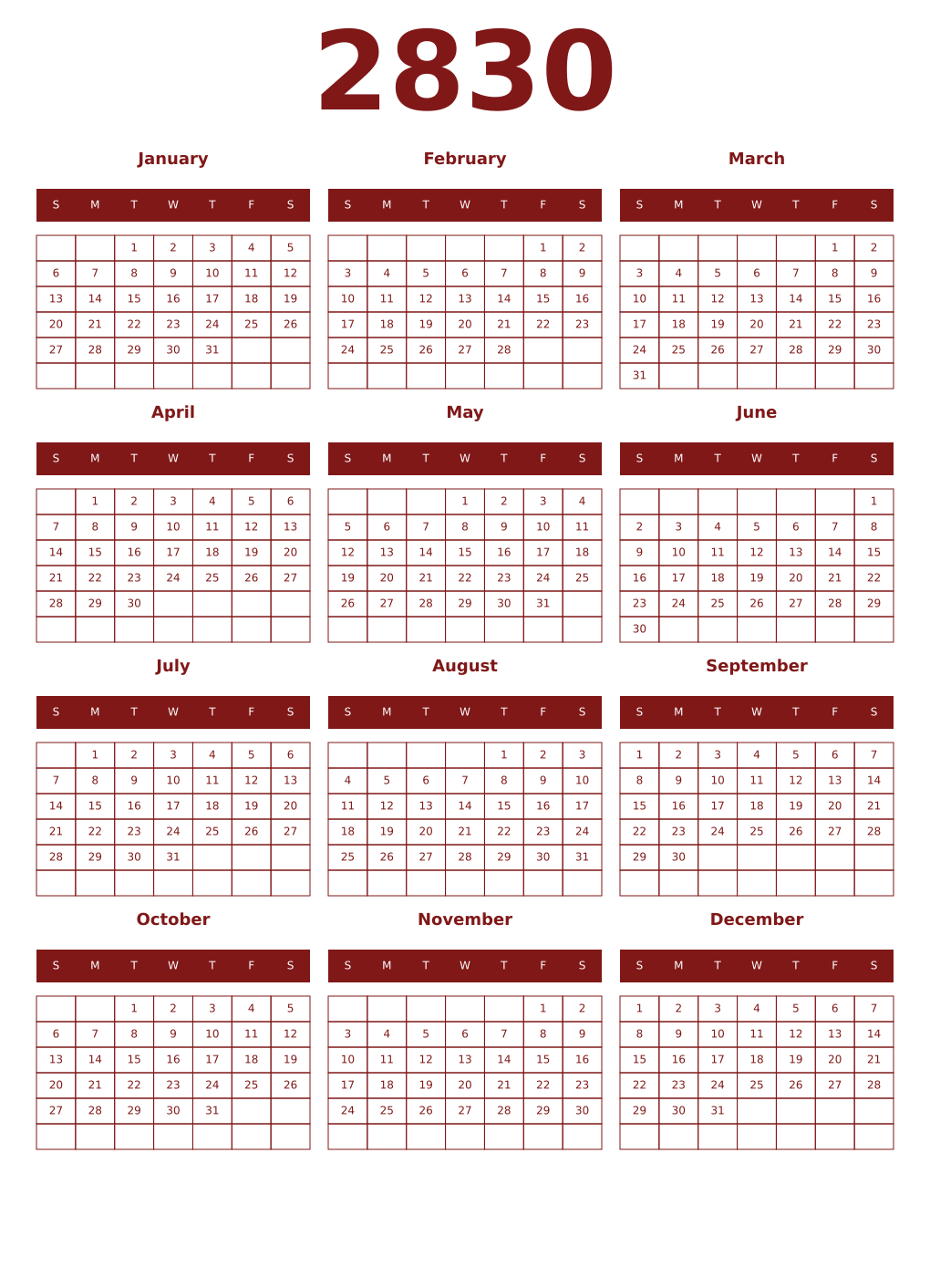 Printable 2830 Year Calendars falu