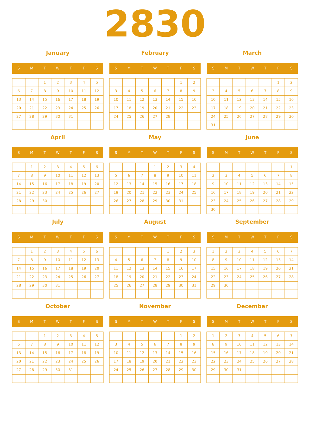 Printable 2830 Year Calendars gamboge