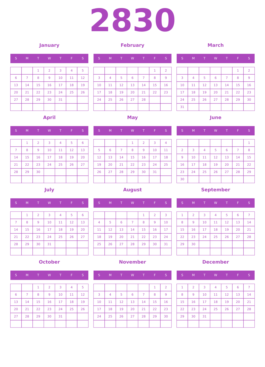 Printable 2830 Year Calendars purple