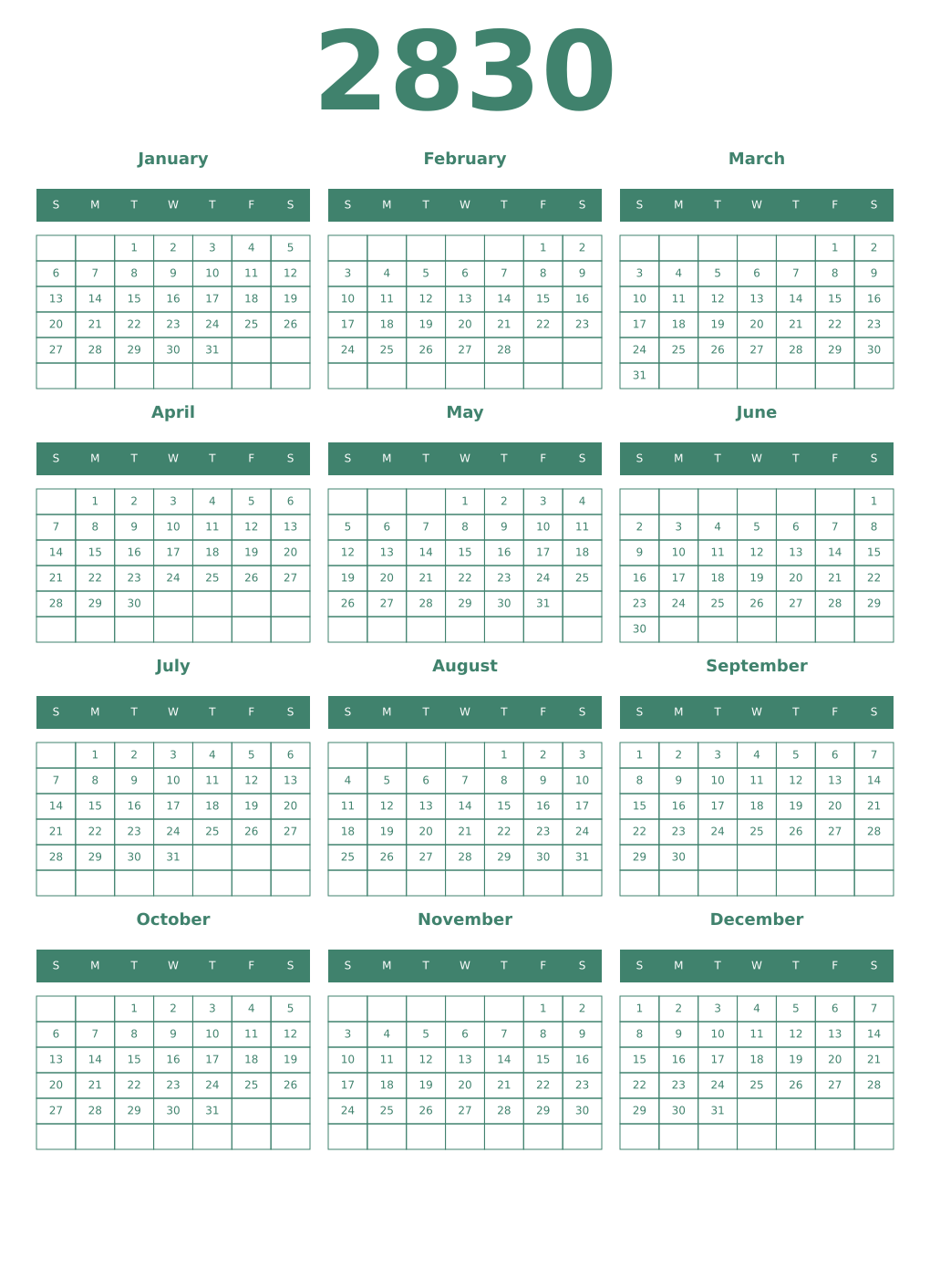 Printable 2830 Year Calendars viridian