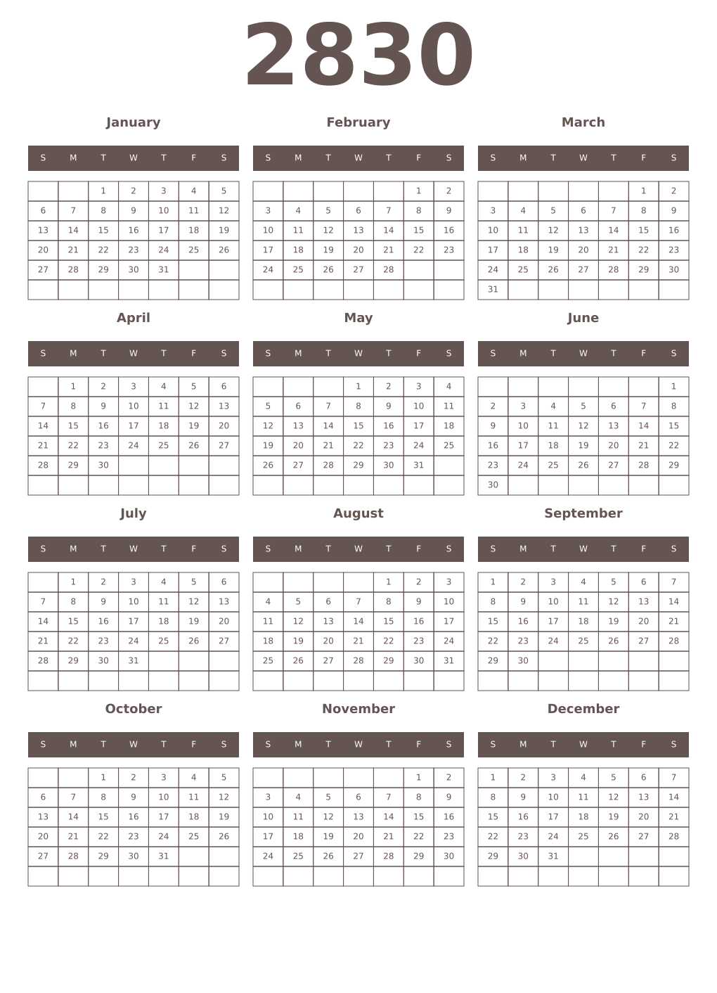 Printable 2830 Year Calendars wenge