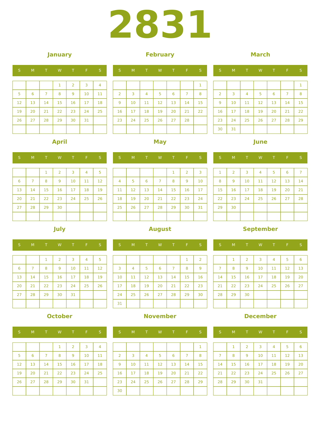 Printable 2831 Year Calendars chartreuse