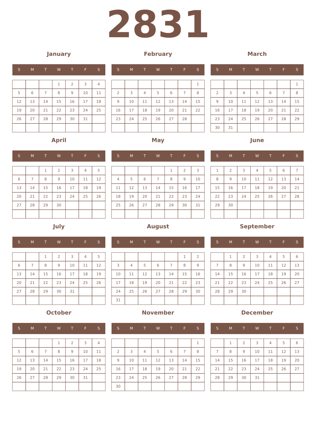 Printable 2831 Year Calendars coffe