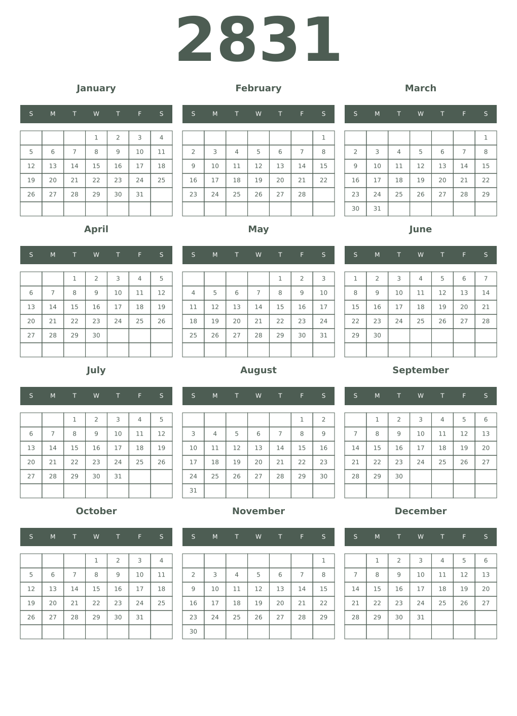 Printable 2831 Year Calendars feldgrau