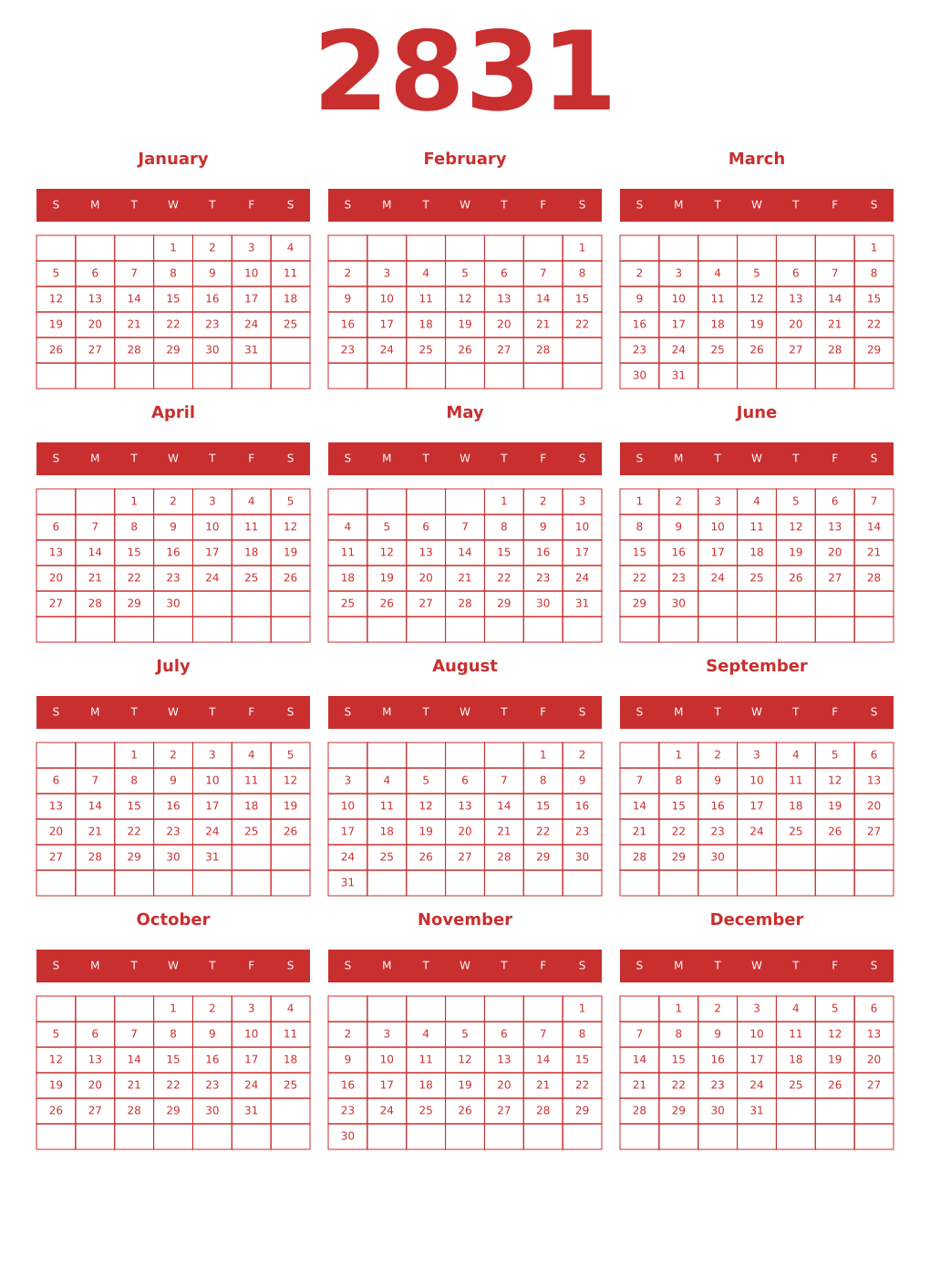 Printable 2831 Year Calendars red